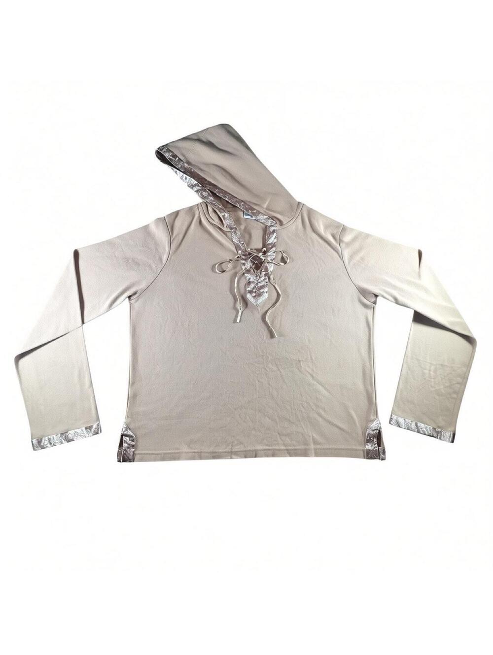 Vintage Faded Glory Floral Beige Lace Up Hooded Long Sleeve Top